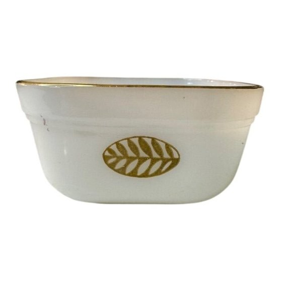 Fire-King Milk Glass Dish With Gold Leaf Design & Gold Rim - Picture 1 of 5